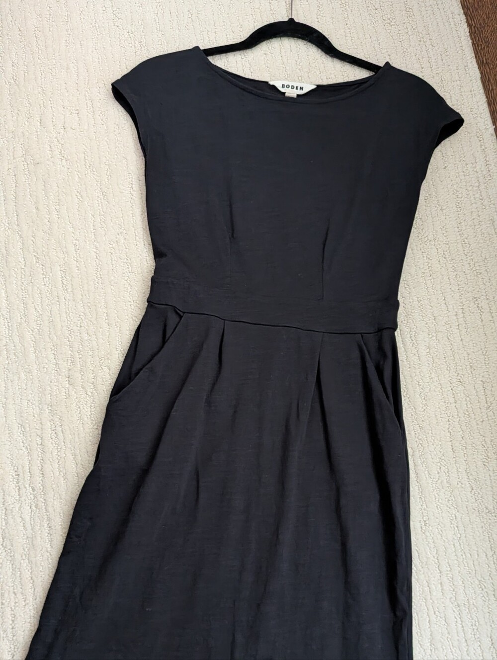 Boden Black Cap-Sleeve Midi Dress with Pockets